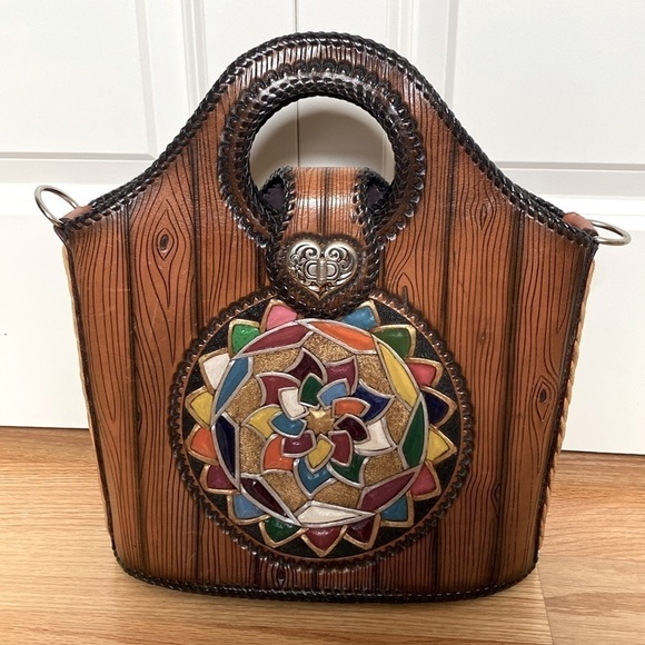Handmade Handbags - HANDMADE Western Leather Satchel Tote Purse Womens painted southwestern Artsy